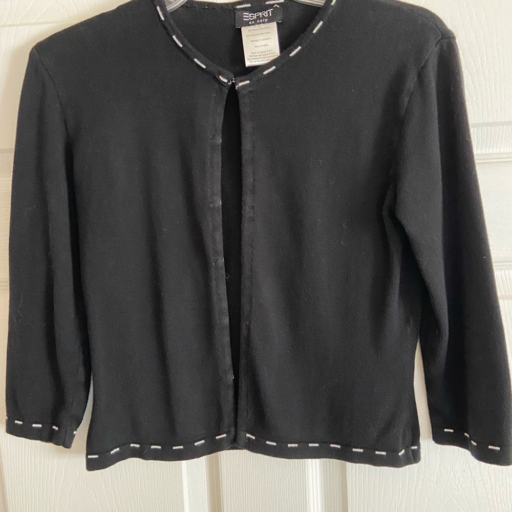 Vintage Esprit Black Knit with White Accents Hook Closure Cardigan